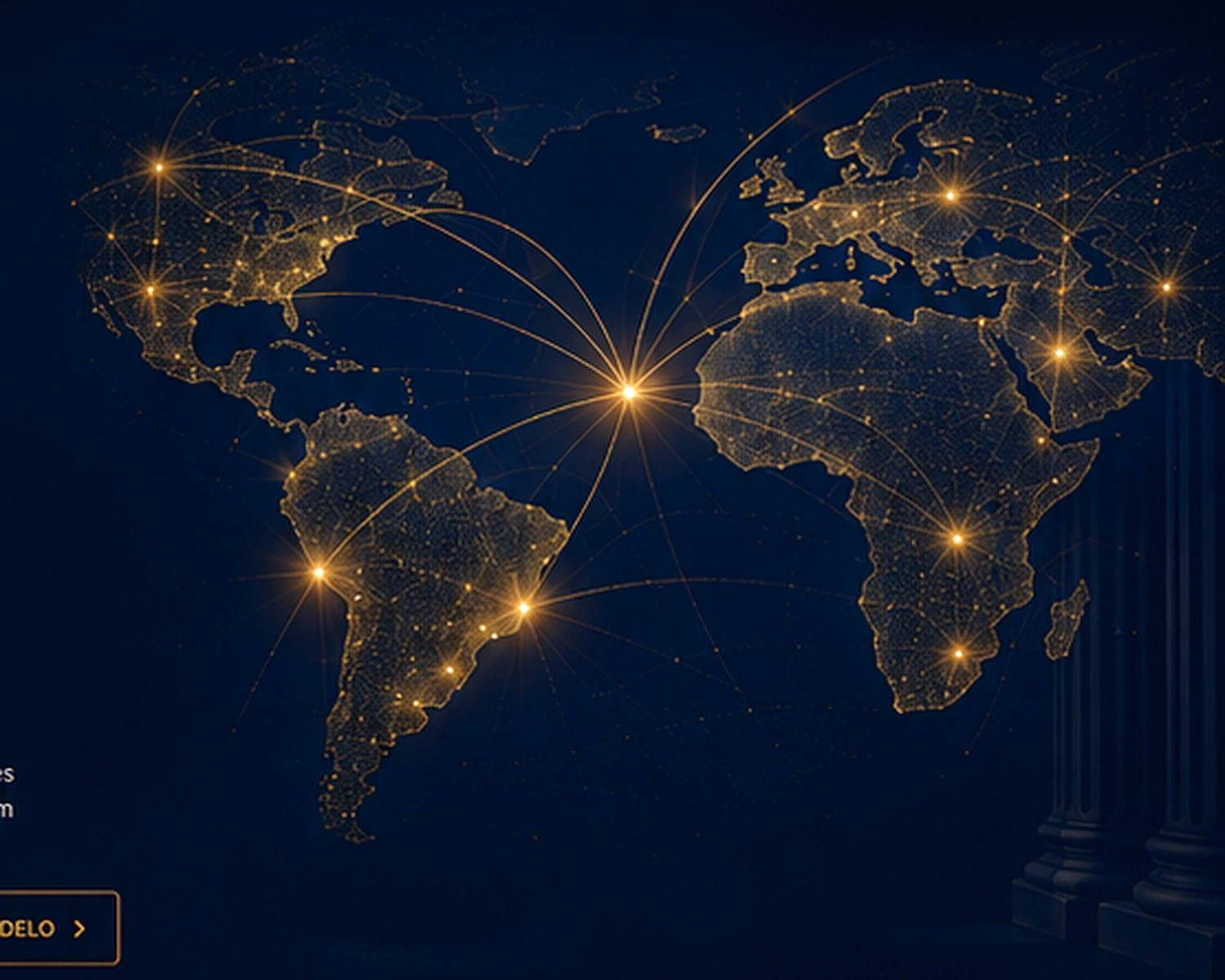 Mapa global com conexões internacionais em dourado